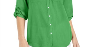 Charter Club Women's Roll Tab Button Down Top  Green Size X-Large