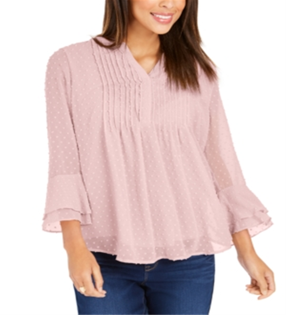 Charter Club Women's Double Ruffle Textured Pintuck Top Pink Size Small