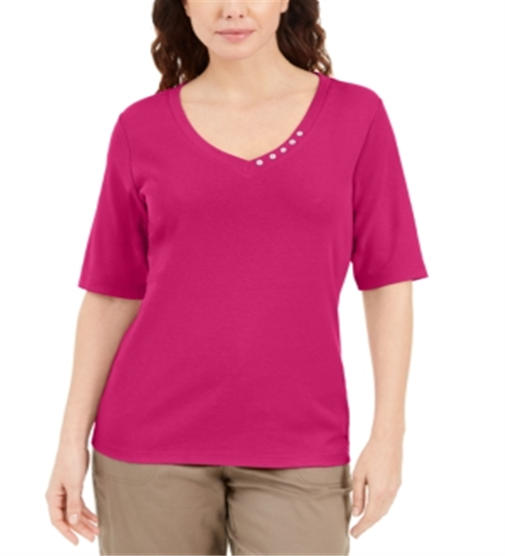 Karen Scott Women's Button Detail V Neck Top Pink Size Large
