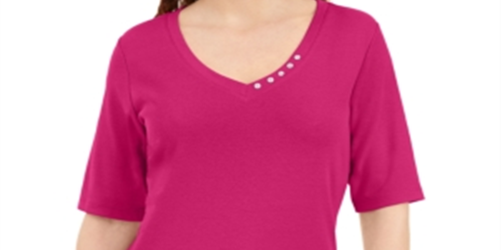 Karen Scott Women's Button Detail V Neck Top Pink Size Large