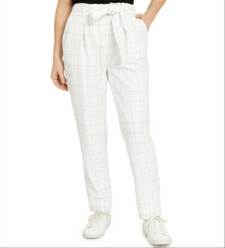 Bar III Women's Belted Windowpane Slim Straight Leg Pants White Size 16