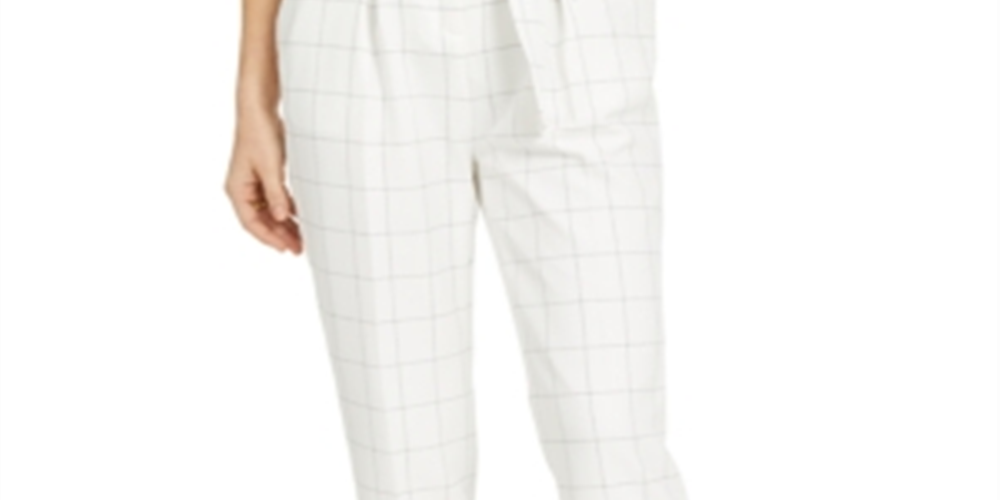 Bar III Women's Belted Windowpane Slim Straight Leg Pants White Size 16