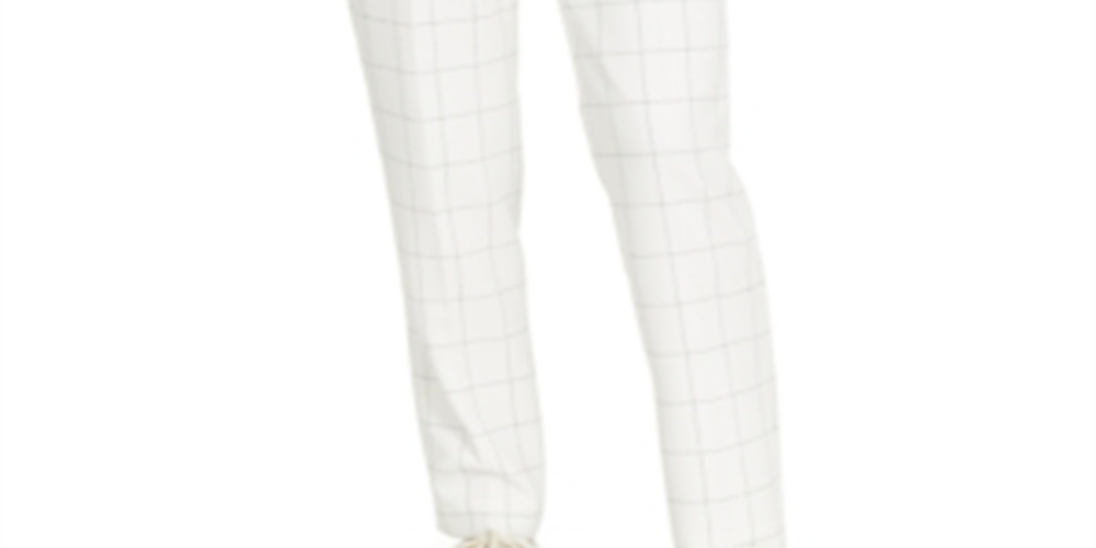 Bar III Women's Belted Windowpane Slim Straight Leg Pants White Size 16