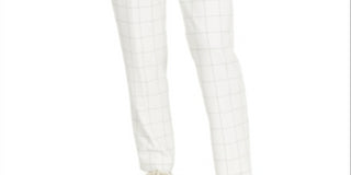 Bar III Women's Belted Windowpane Slim Straight Leg Pants White Size 16