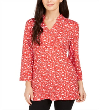 Charter Club Women's Floral Print Split Neck Tunic Red Size X-Small