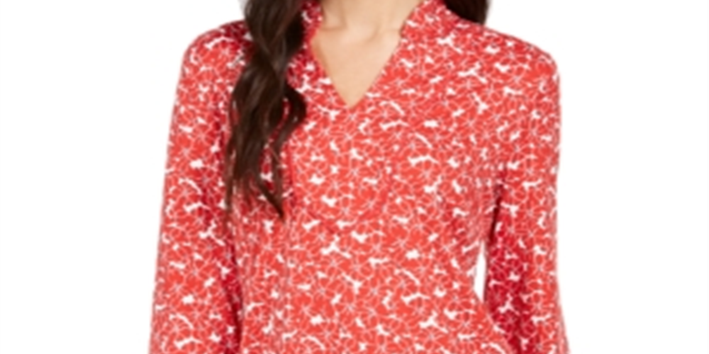 Charter Club Women's Floral Print Split Neck Tunic Red Size X-Small