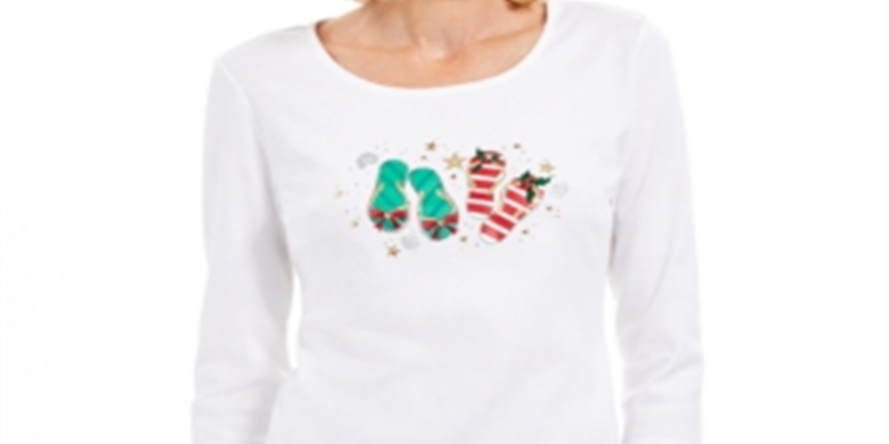 Karen Scott Women's Cotton Flip Flops Holiday Graphic Top White Size X-Large