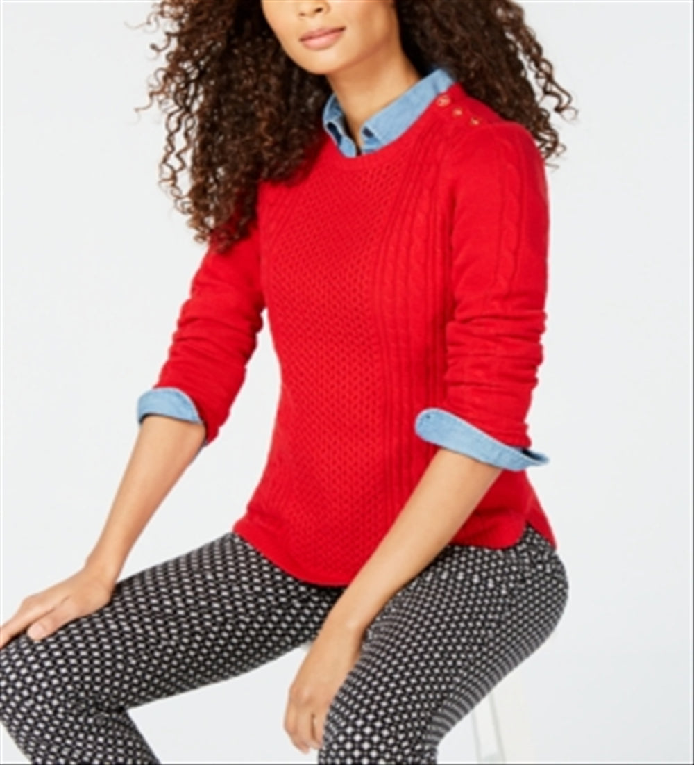 Charter Club Women's Patterned Long Sleeve Crew Neck Sweater Red Size Petite Small