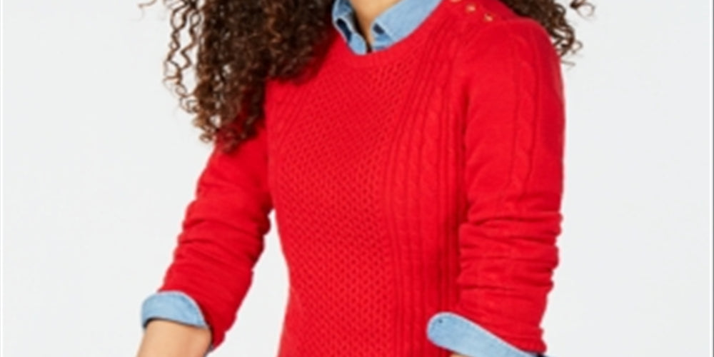 Charter Club Women's Patterned Long Sleeve Crew Neck Sweater Red Size Petite Small