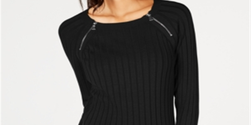 INC International Concepts Women's  Zip Detail Ribbed Sweater Black Size Petite Medium