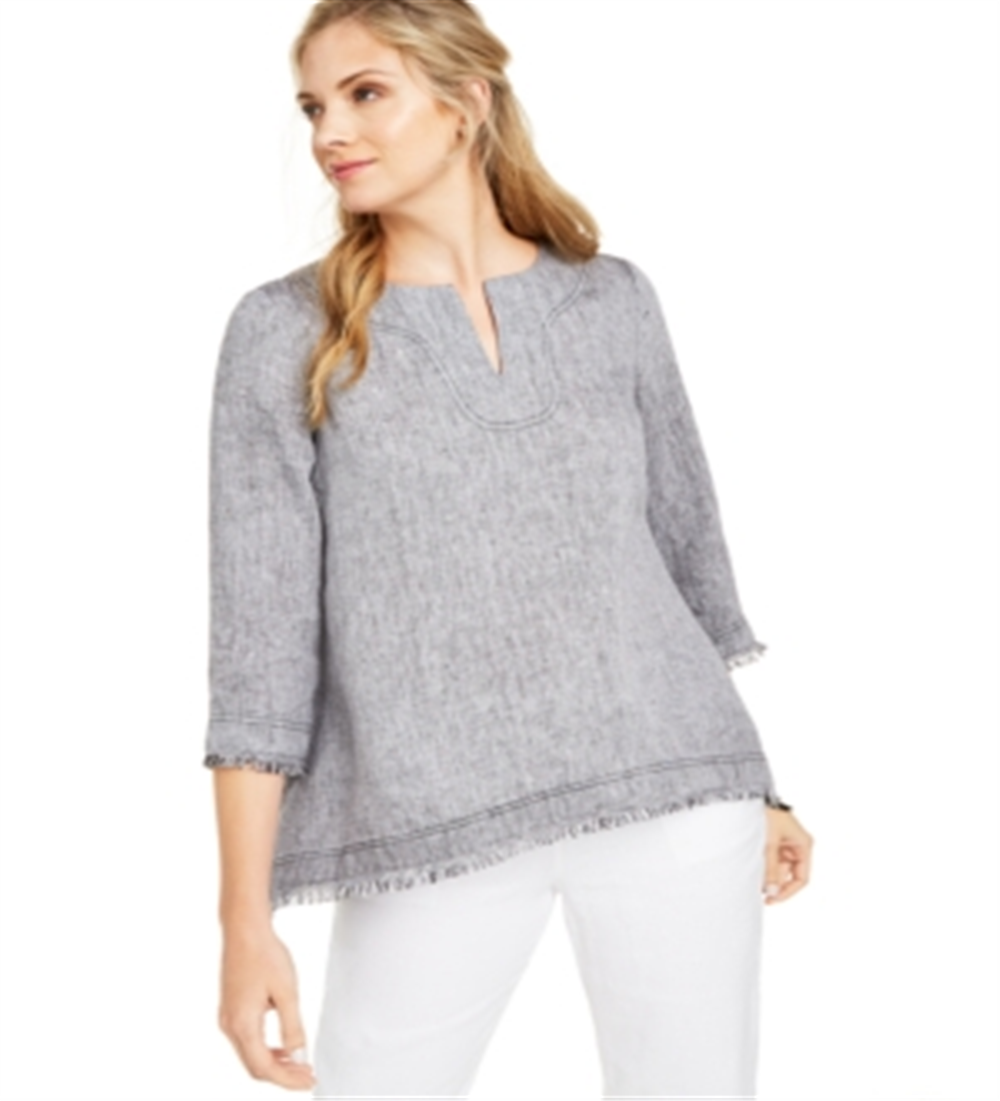 Charter Club Women's Frayed Hem Linen Top Gray Size X-Small