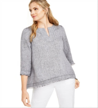 Charter Club Women's Frayed Hem Linen Top Gray Size X-Small
