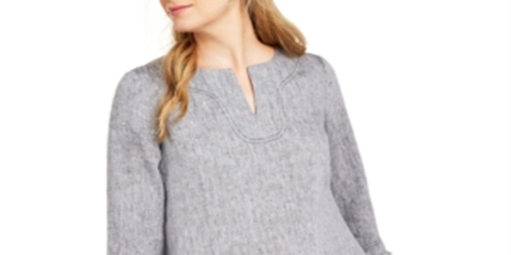 Charter Club Women's Frayed Hem Linen Top Gray Size X-Small