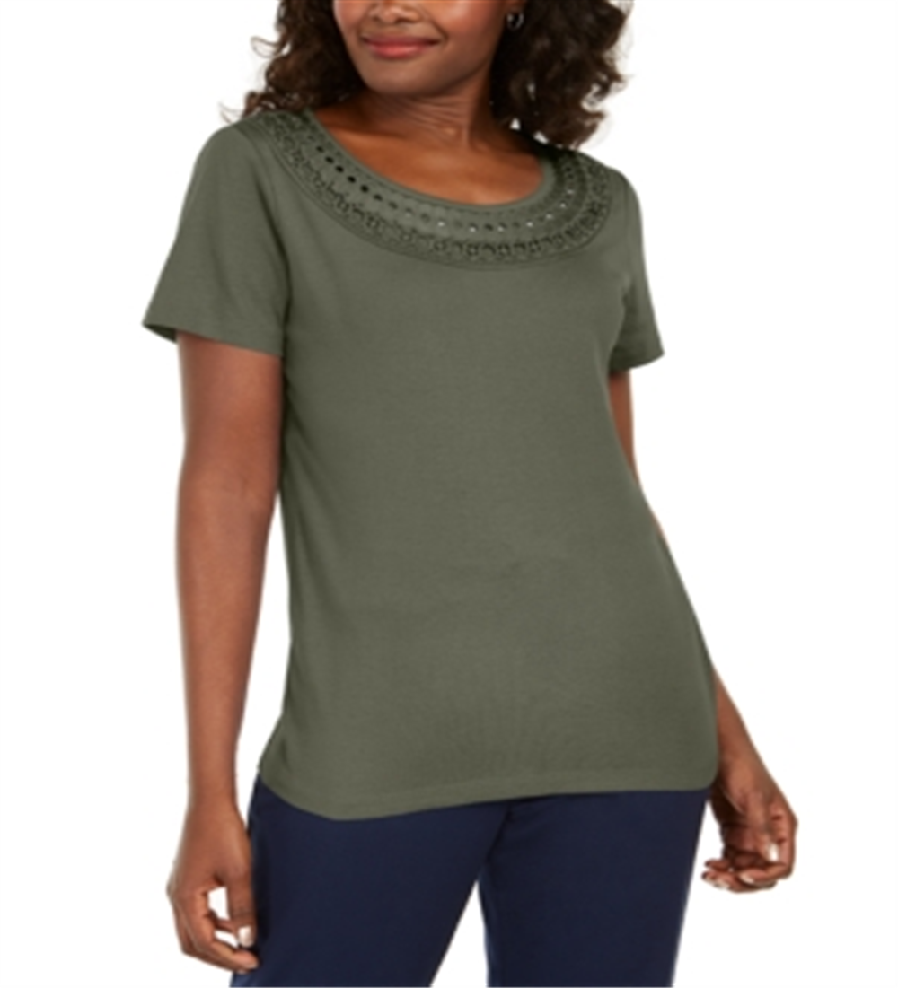Karen Scott Women's Cotton Crochet Trim T-Shirt Green Size Small