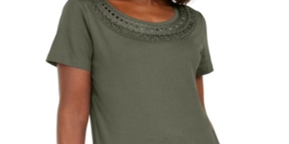 Karen Scott Women's Cotton Crochet Trim T-Shirt Green Size Small