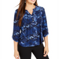 NY Collection Women's Notations 3/4 Sleeve Split Button Neck Tee Blue Size Petite Small