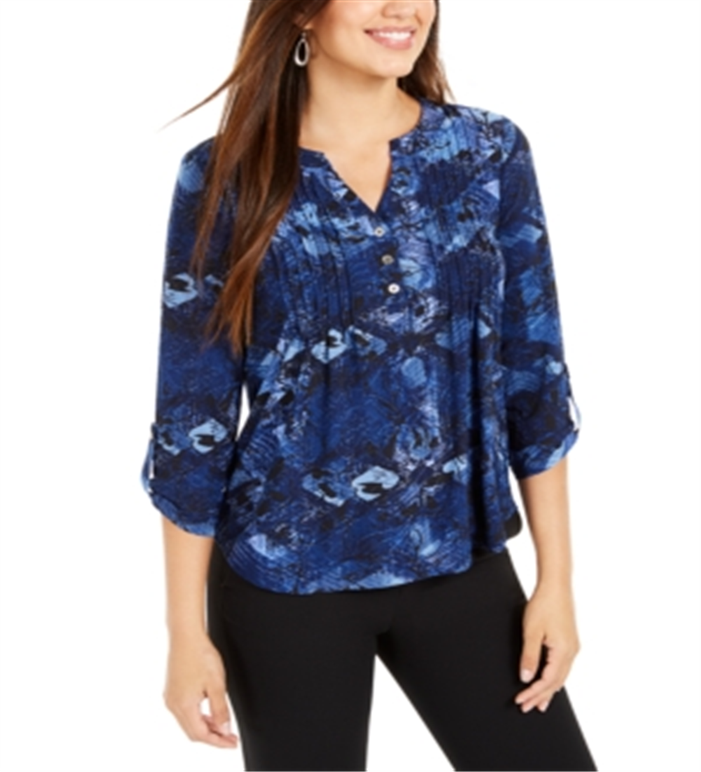 NY Collection Women's Notations 3/4 Sleeve Split Button Neck Tee Blue Size Petite Small