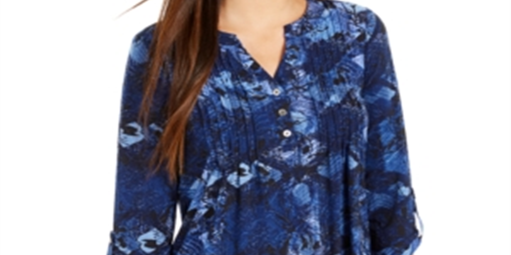 NY Collection Women's Notations 3/4 Sleeve Split Button Neck Tee Blue Size Petite Small