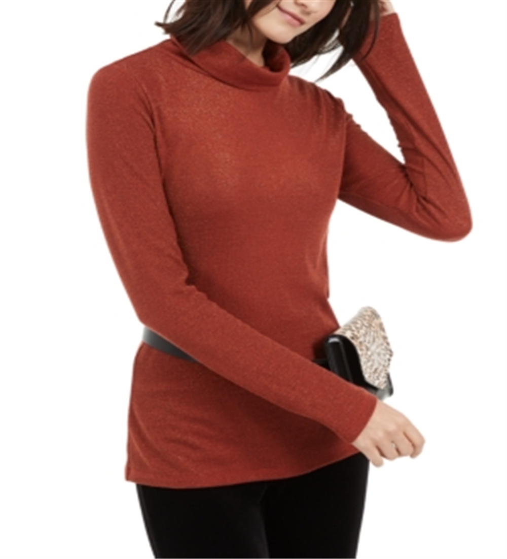 INC International Concepts Women's  Metallic Knit Turtleneck Sweater Brick  Size Petite Medium