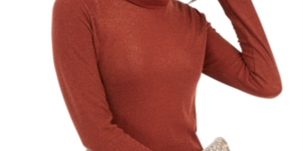INC International Concepts Women's  Metallic Knit Turtleneck Sweater Brick  Size Petite Medium