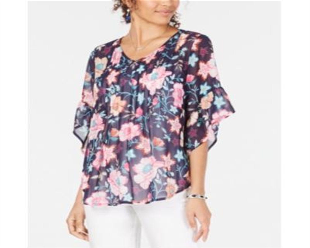 Style & CoWomen's Retro Scarf Print Pintuck Pleat Top Blue Size X-Small