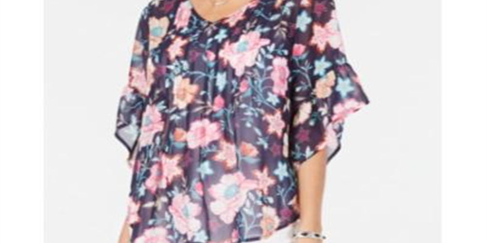 Style & CoWomen's Retro Scarf Print Pintuck Pleat Top Blue Size X-Small