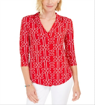 Charter Club Women's Printed 3/4 Sleeve Top Red Size Small