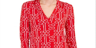 Charter Club Women's Printed 3/4 Sleeve Top Red Size Small