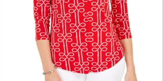 Charter Club Women's Printed 3/4 Sleeve Top Red Size Small