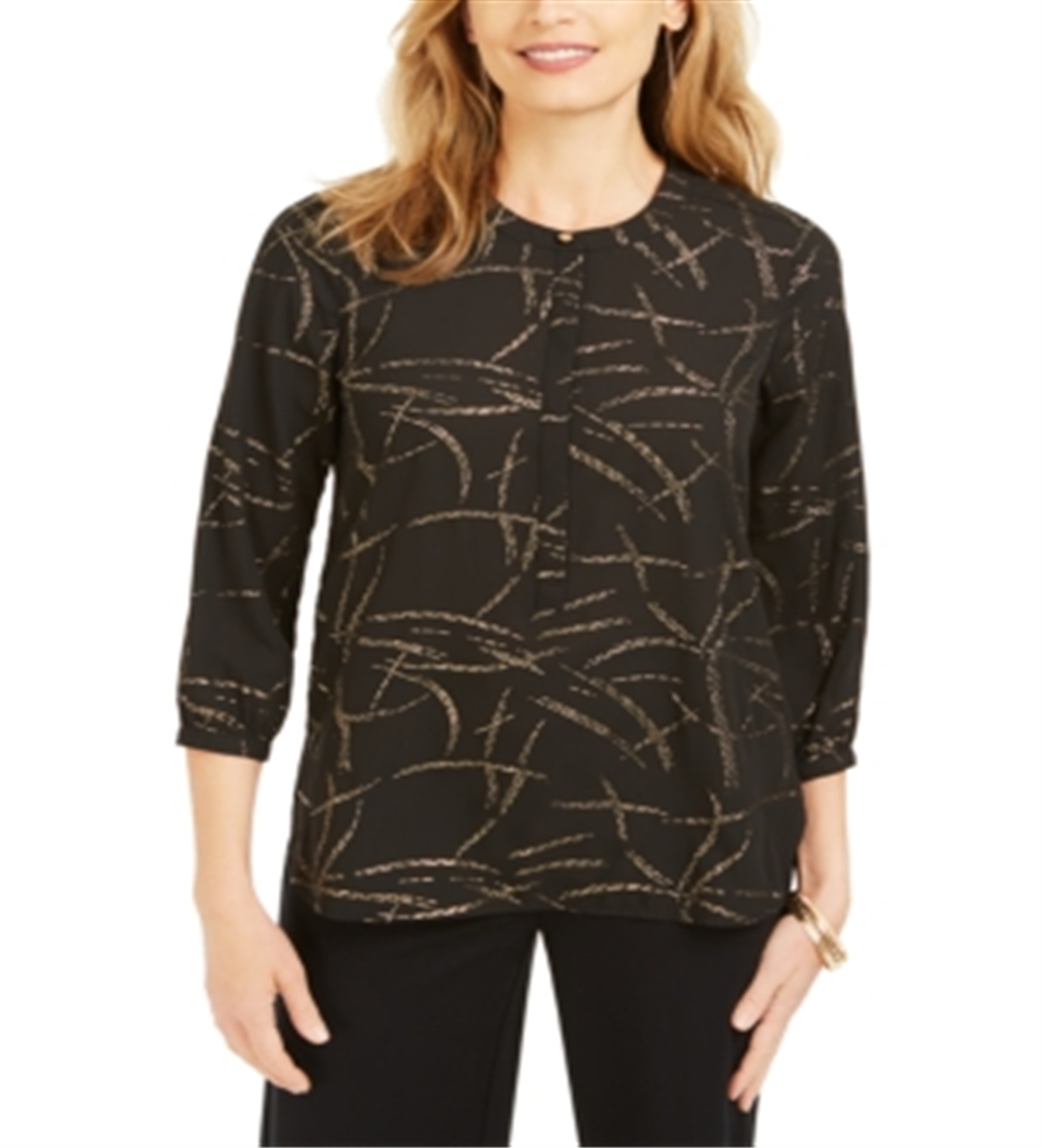 JM Collection Women's Printed Pleated Back Blouse Black Size Medium