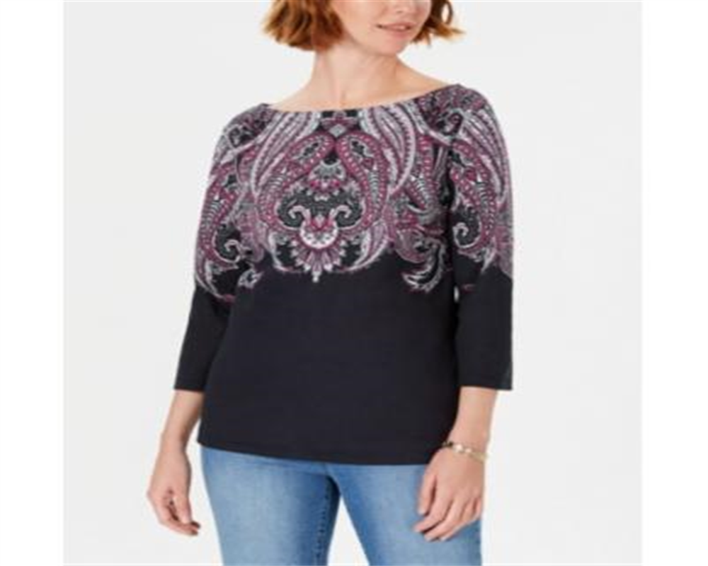 Karen Scott Women's Printed 3/4 Sleeve Crew Neck Blouse Black SizeX-Small