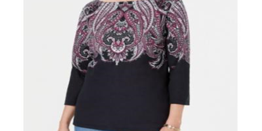 Karen Scott Women's Printed 3/4 Sleeve Crew Neck Blouse Black SizeX-Small