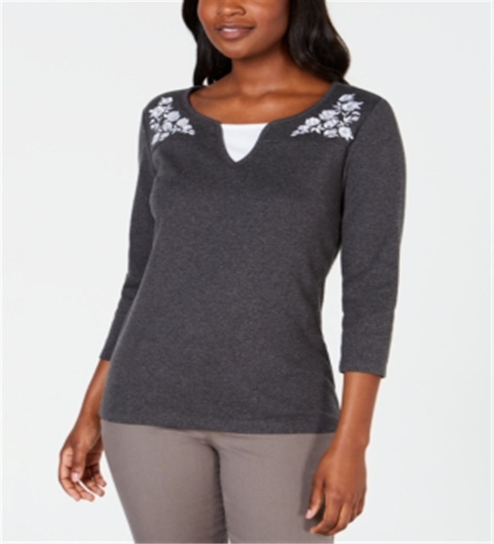Karen Scott Women's Embroidered Cotton Layered Look Top Gray Size Medium