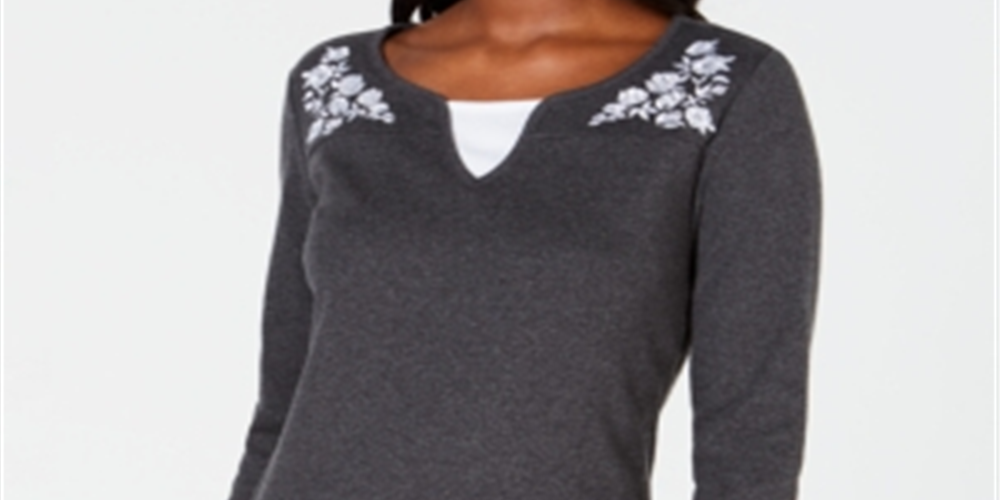 Karen Scott Women's Embroidered Cotton Layered Look Top Gray Size Medium