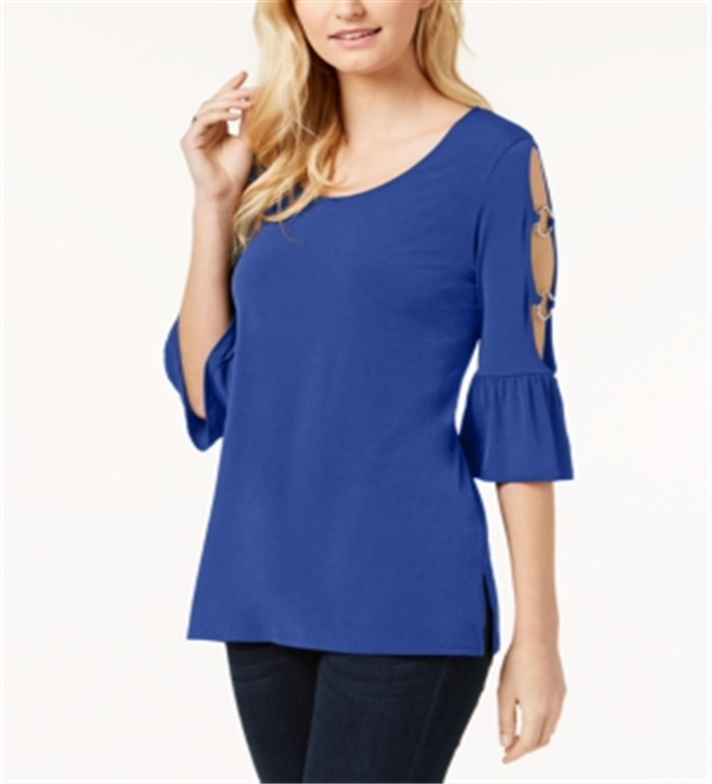 JM Collection Women's Ring Detailed Cutout Ruffle Sleeved Top Blue Size Small