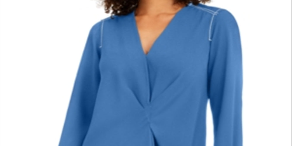 Alfani Women's Contrast Trim V Neck Tunic Top Blue Size Large