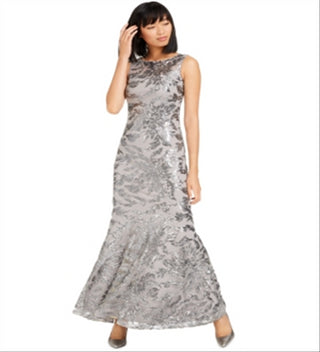 Calvin Klein Women's Sequined Sleeveless Jewel Neck Maxi Mermaid Formal Dress Gray Size 14