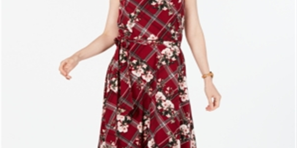 Charter Club Women's Belted Mixed Print Dress Red Size Large