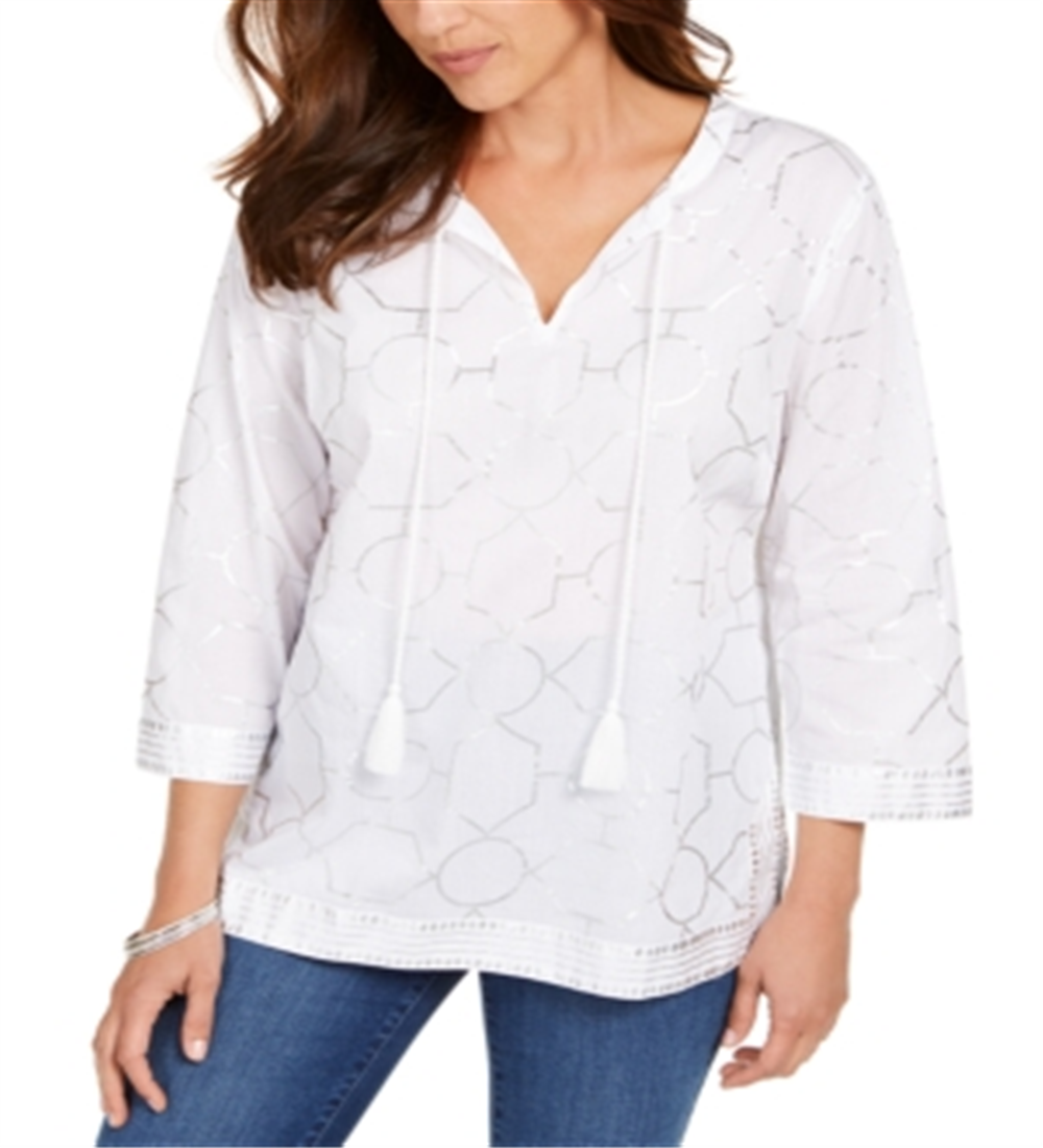 Charter Club Women's Foil Print Linen Top White Size Small
