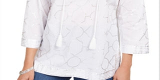 Charter Club Women's Foil Print Linen Top White Size Small