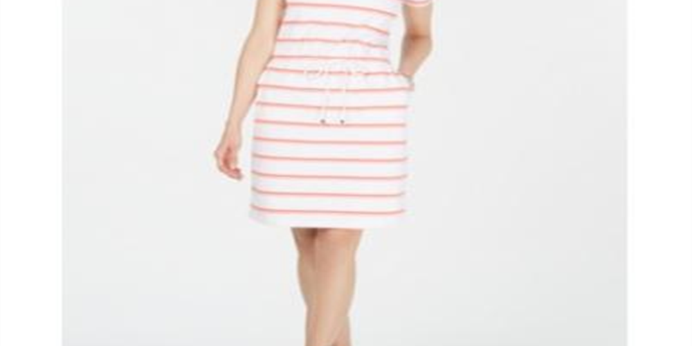Charter Club Women's Striped Drawstring Dress White Combo Size Small