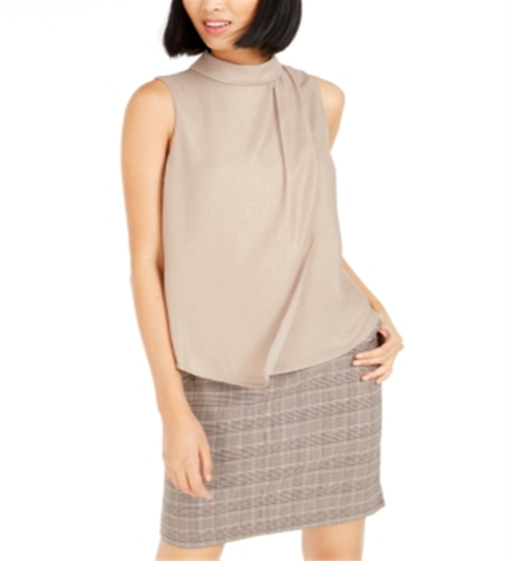 Bar III Women's Mock Neck Pleated Tank Top Beige Size Medium