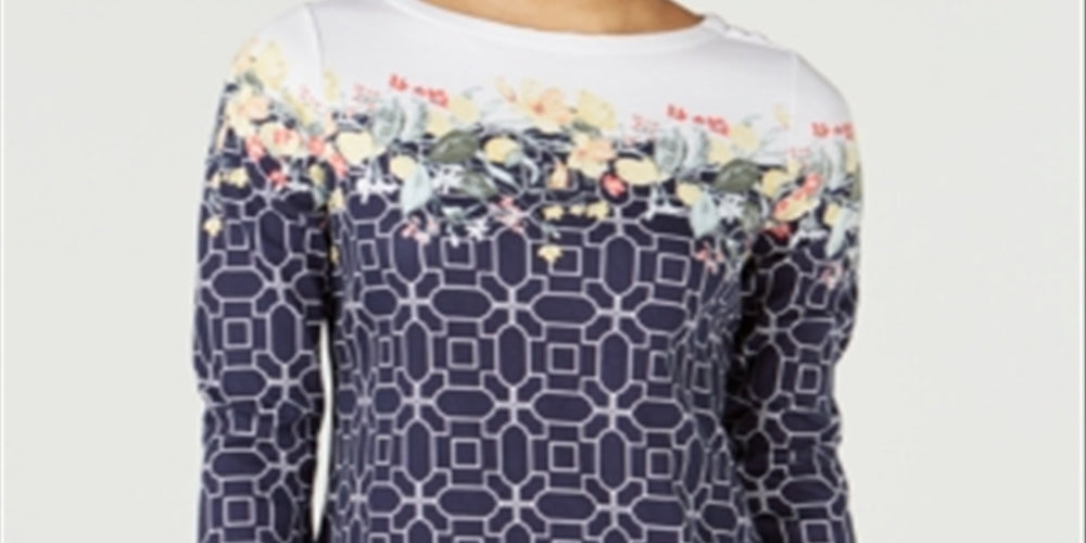 Charter Club Women's Printed Top Blue Size Petite Medium
