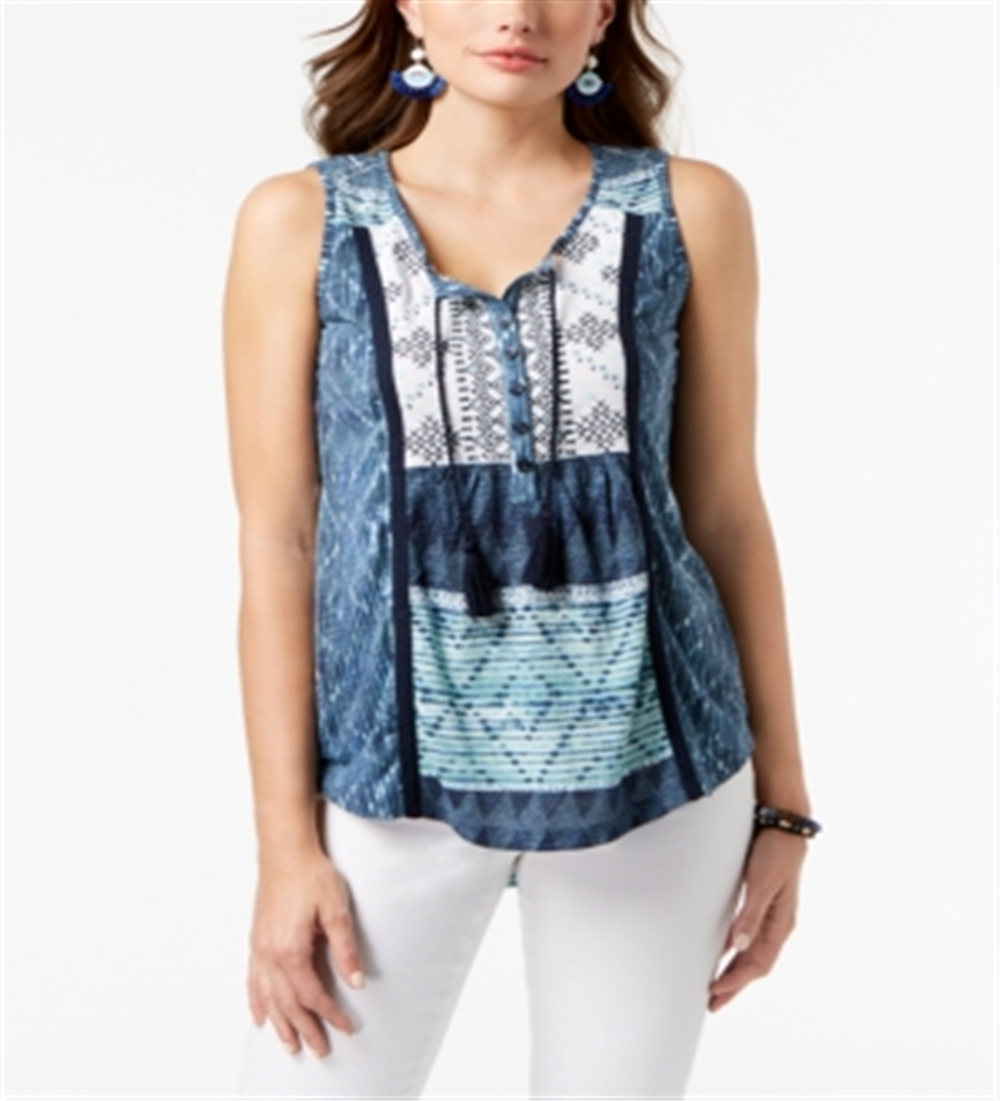 Style & Co Women's Embroidered Printed Top Blue Size PP