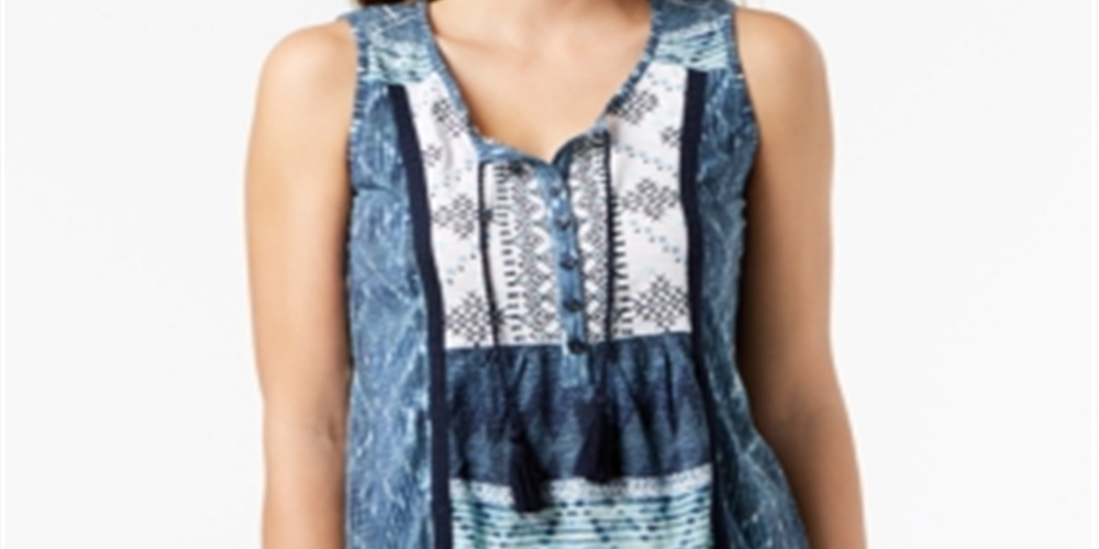 Style & Co Women's Embroidered Printed Top Blue Size PP