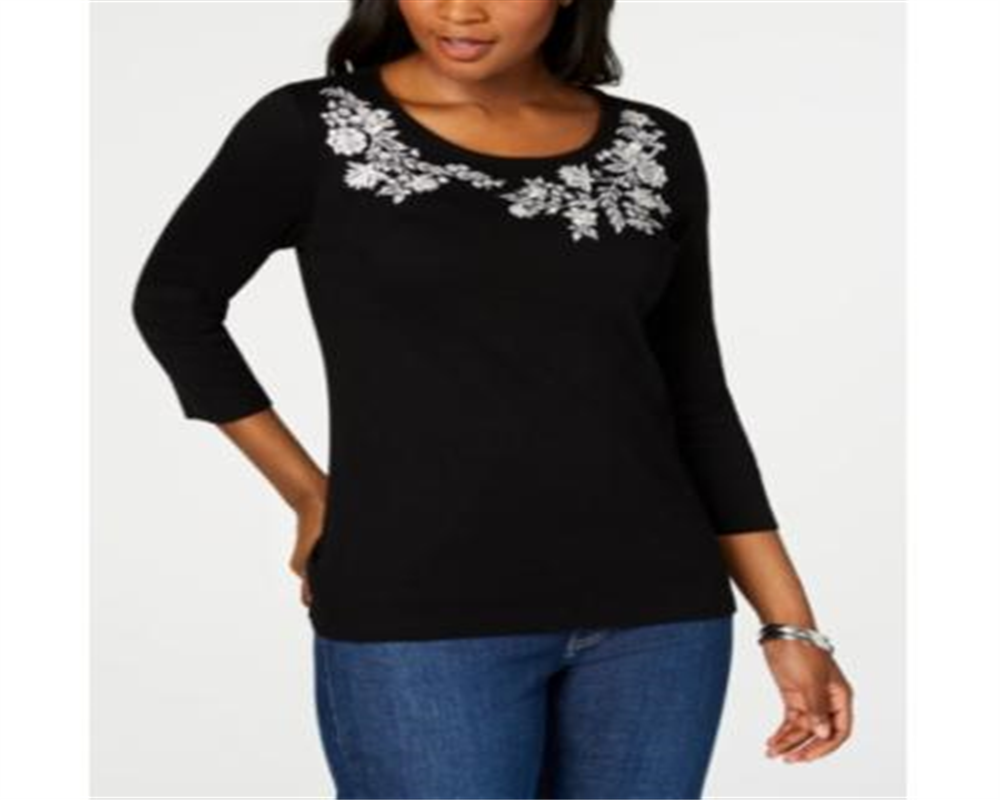 Karen Scott Women's Embroidered 3/4 Sleeve Top Black Size Petite Medium