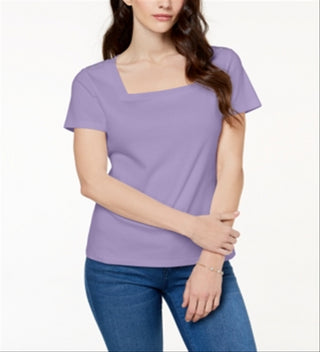 Karen Scott Women's Cotton Square Neck Button Shoulder T-Shirt Purple Size XX-Large