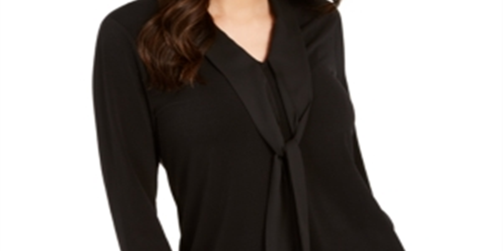 Charter Club Women's Tie Neck Crepe Top Black Size Petite L