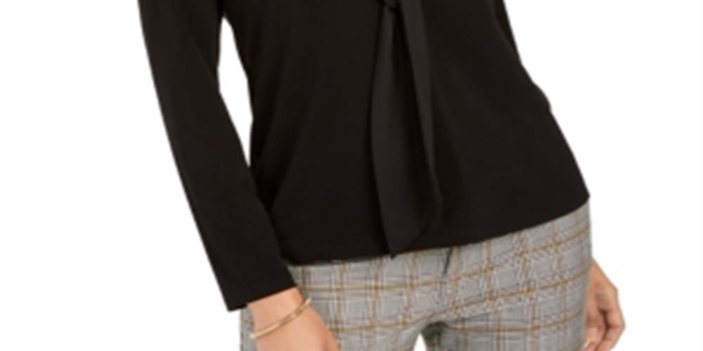 Charter Club Women's Tie Neck Crepe Top Black Size Petite L