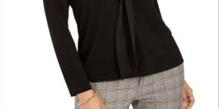 Charter Club Women's Tie Neck Crepe Top Black Size Petite L